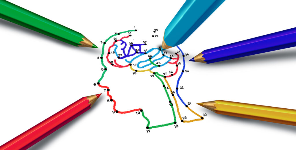 Picture of colored pencils drawing a dot-to-dot head with brain showing - Kids Outside Adventures