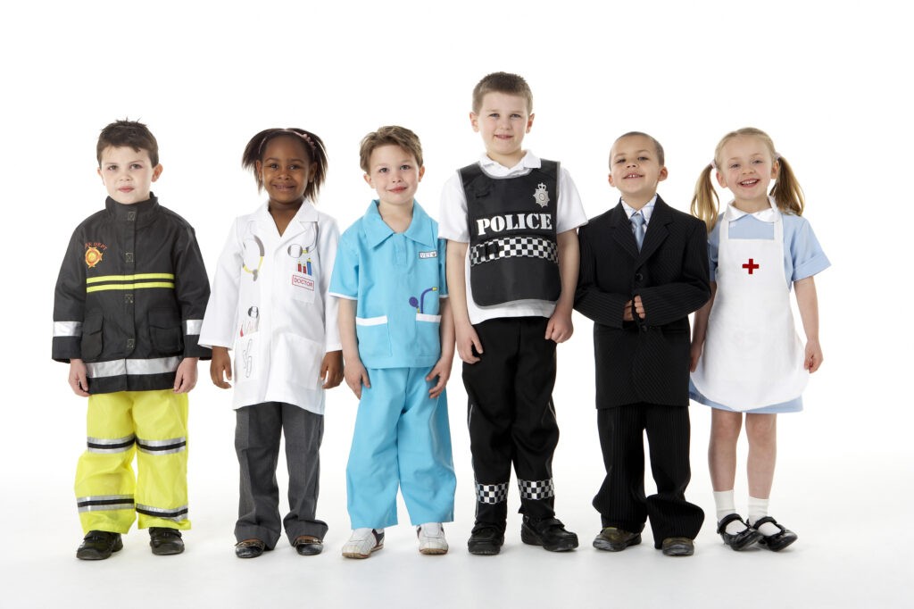 Kids dressed up like doctors, firefighter, policeman, lawyer, nurse - Play-based learning - Kids Outside Adventures